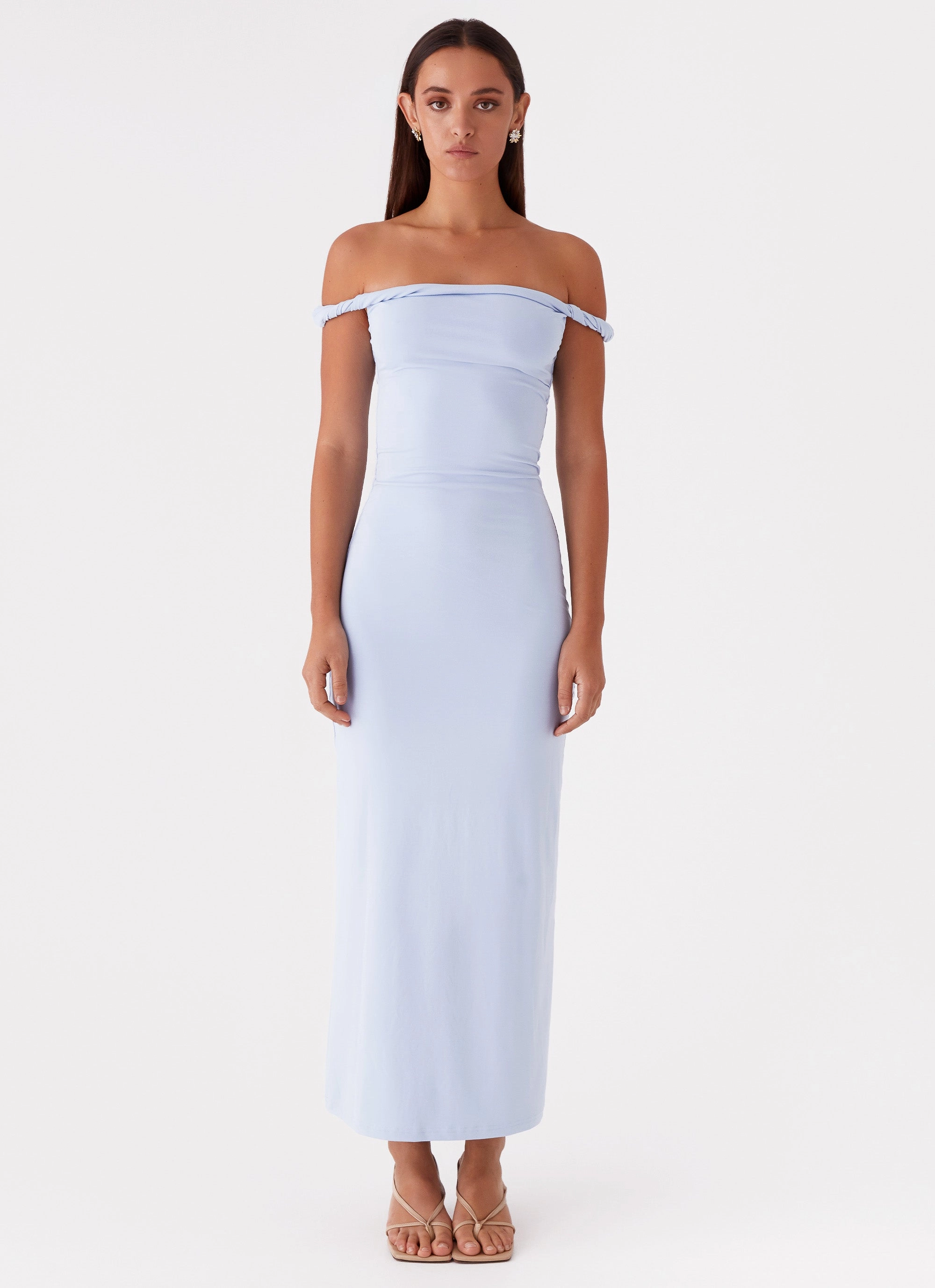 Classic Look Edgy Look Arabella Twist Shoulder Maxi Dress - Blue