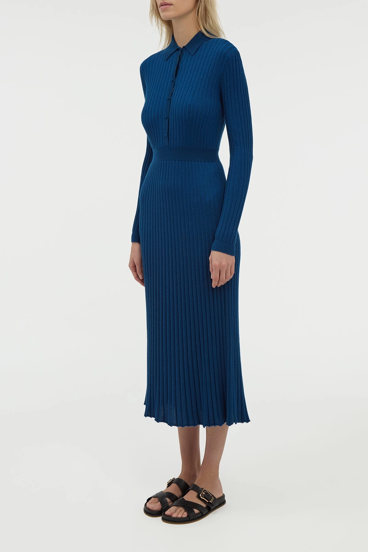 Ardor Knit Maxi Dress in Washed Denim Cashmere Silk Ventilated Mesh Panels