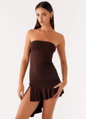 Asymmetric-Neck Arianne Mini Dress - Chocolate
