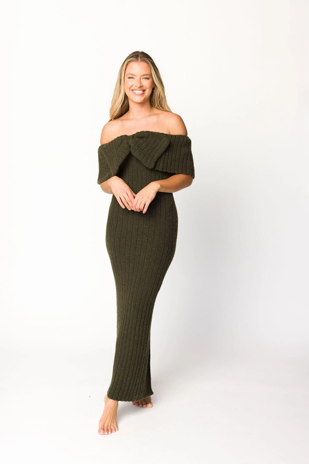 Aston Bow Front Maxi Sweater Dress in Dark Green - Bump Friendly Lazy Pick Back-Zip