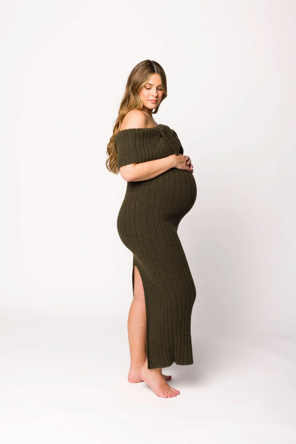 Aston Bow Front Maxi Sweater Dress in Dark Green - Bump Friendly Day To Night