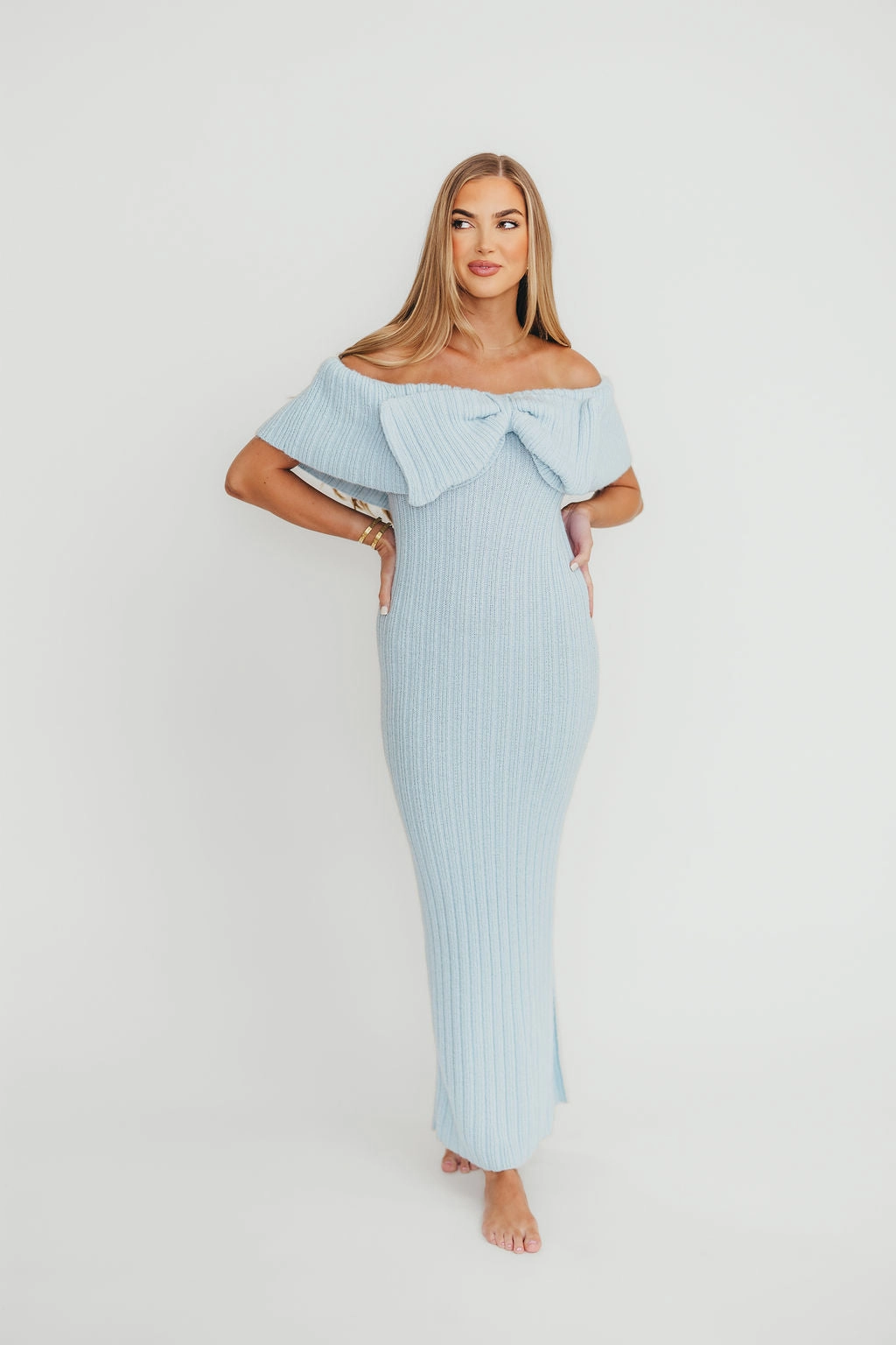 Artistic Shape Casual weekend dress Aston Bow Front Maxi Sweater Dress in Ice Metal?C Bump Friendly & Inclusive Sizing (S-3XL)