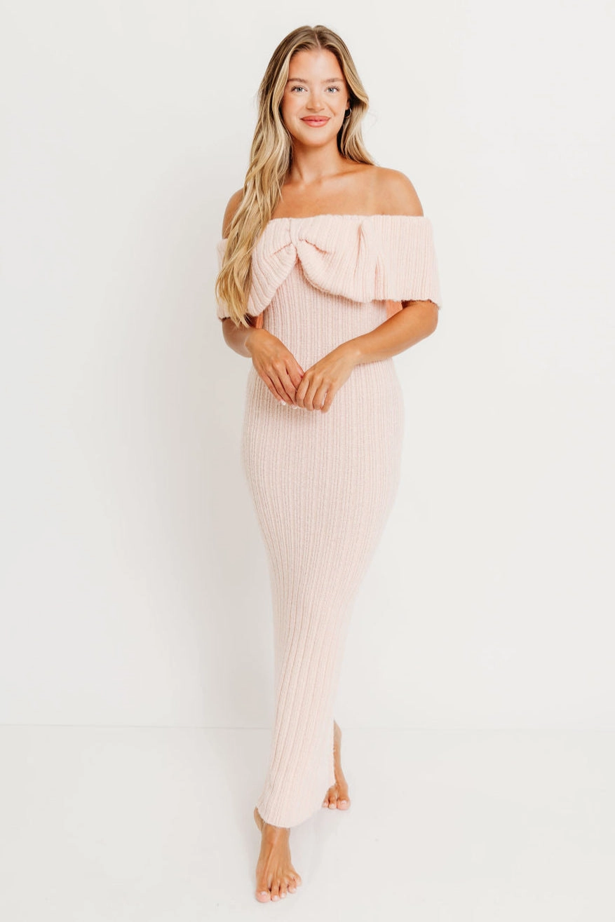 Relaxed Vibe Side Slit Aston Bow Front Maxi Sweater Dress in Pinkish Petal ?C Bump Friendly & Inclusive Sizing (S-3XL)