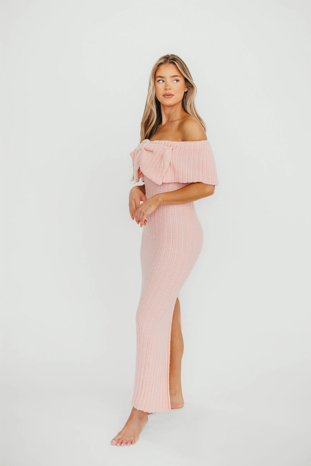 Aston Bow Front Maxi Sweater Dress in Pinkish Petal ?C Bump Friendly & Inclusive Sizing (S-3XL) Crisp Detail Gentle Aesthetic