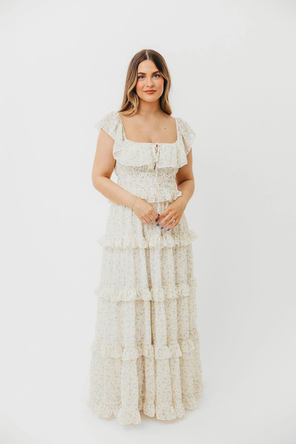 Astrid Ruffle Detail Maxi Dress in Yellow Floral  - Bump Friendly Cozy Balance