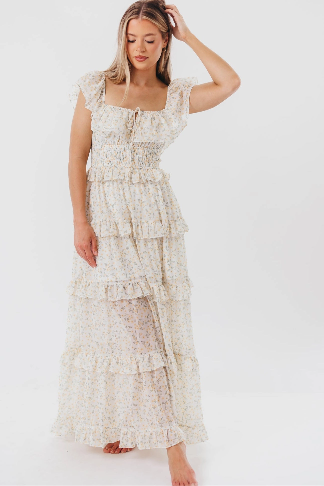 Natural Feel Sophisticated and Relaxed Astrid Ruffle Detail Maxi Dress in Yellow Floral  - Bump Friendly