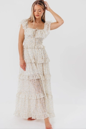 Natural Feel Sophisticated and Relaxed Astrid Ruffle Detail Maxi Dress in Yellow Floral  - Bump Friendly