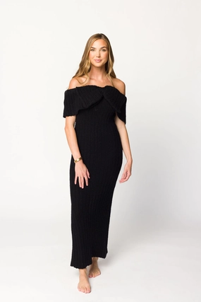 Aston Bow Front Maxi Sweater Dress in Black - Bump Friendly Trend Detail