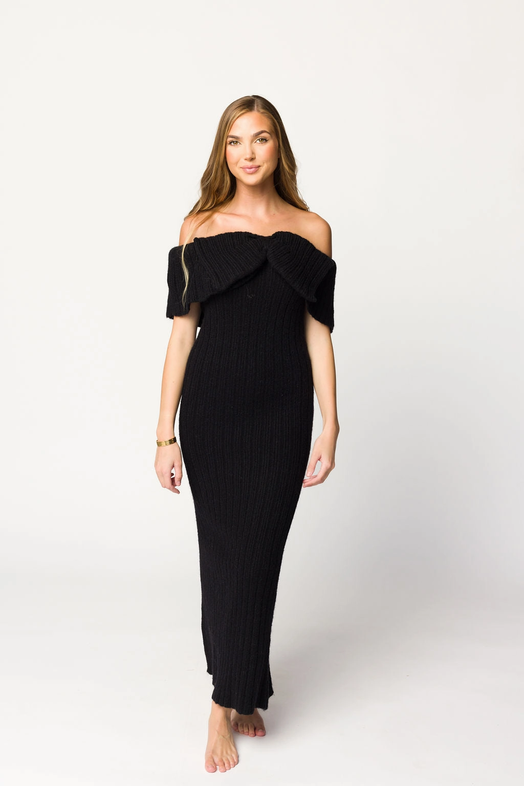 Breathable Layering Festival Mood Aston Bow Front Maxi Sweater Dress in Black - Bump Friendly