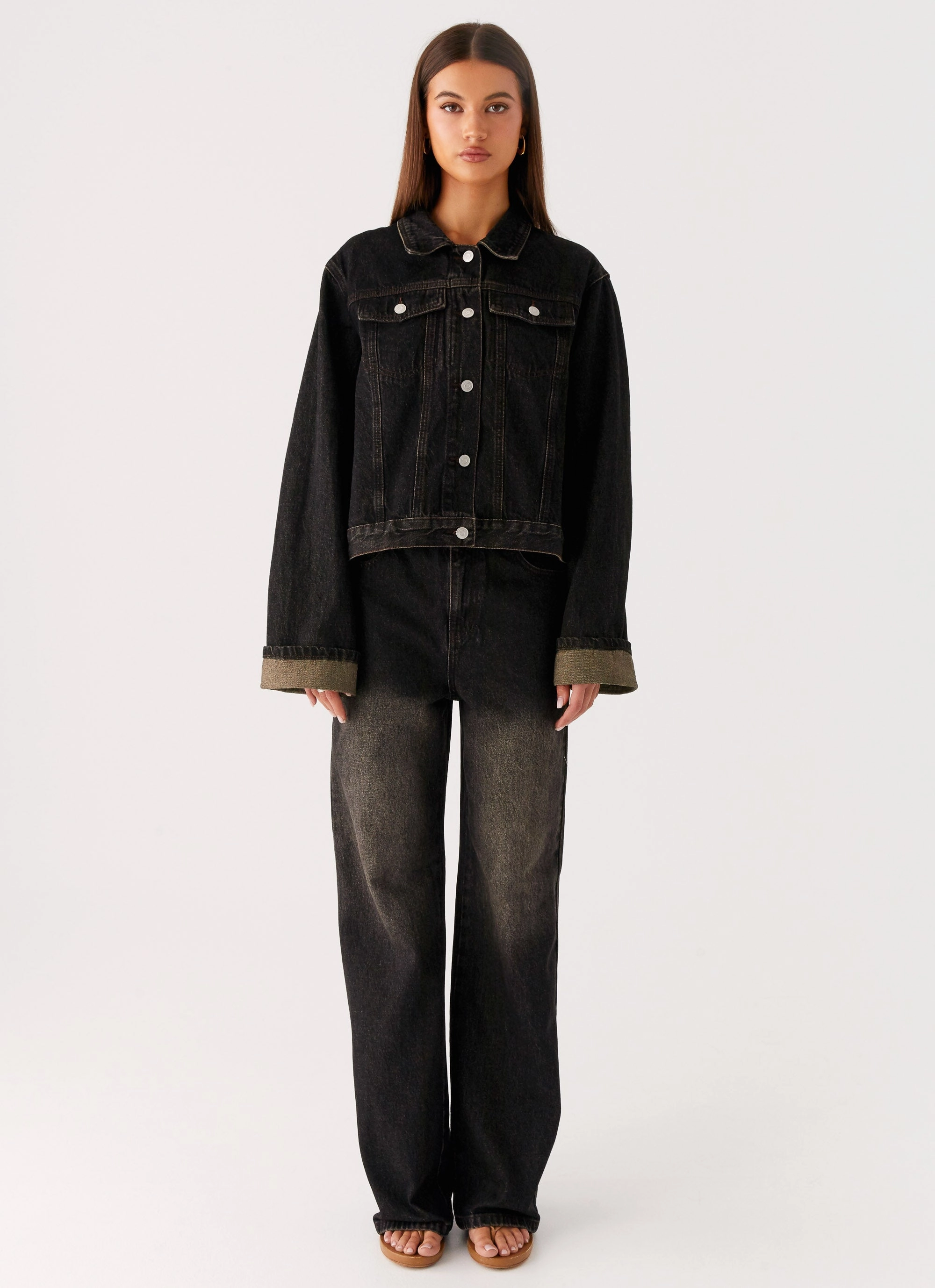 Adjustable Hem Extra Warmth Back Again Oversized Denim Jacket - Acid Charcoal