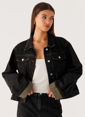 Back Again Oversized Denim Jacket - Acid Charcoal Rain Friendly