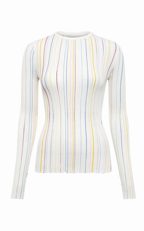 Augie Pinstripe Knit Sweater in Ivory Multi Merino Wool Bonded Hem Technology