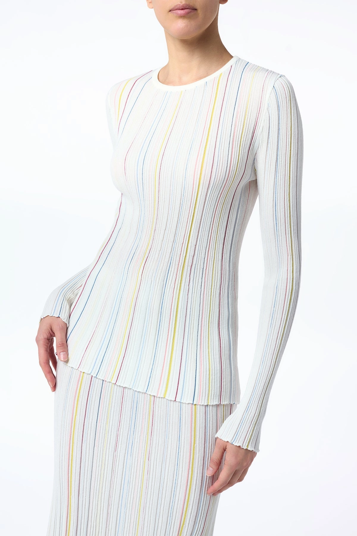 Seasonal Comfort Augie Pinstripe Knit Sweater in Ivory Multi Merino Wool