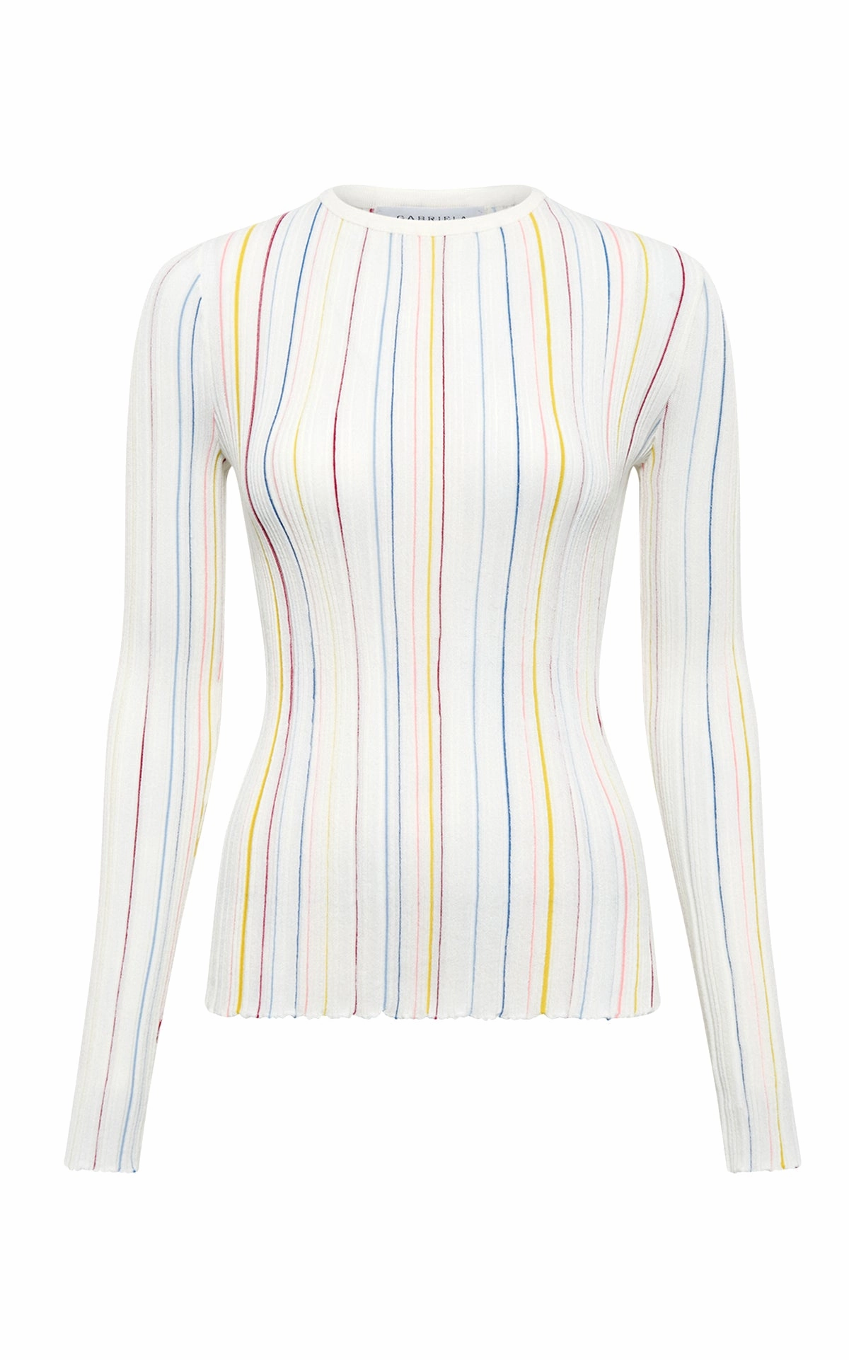 Augie Pinstripe Knit Sweater in Ivory Multi Merino Wool Bonded Hem Technology