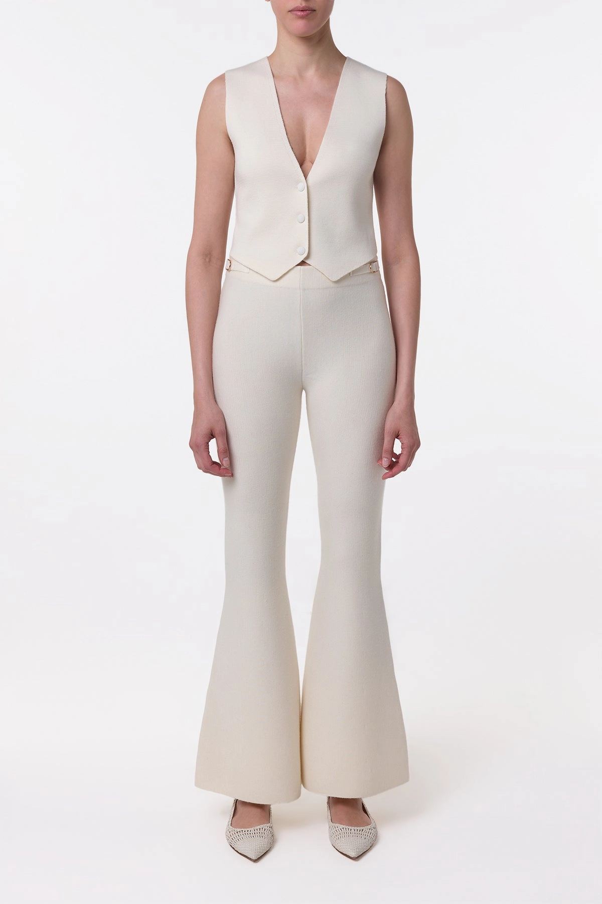 Layered Collar Option Eco Friendly Dye Ayala Flare Cropped Knit Pant in Ivory Merino Wool Cashmere