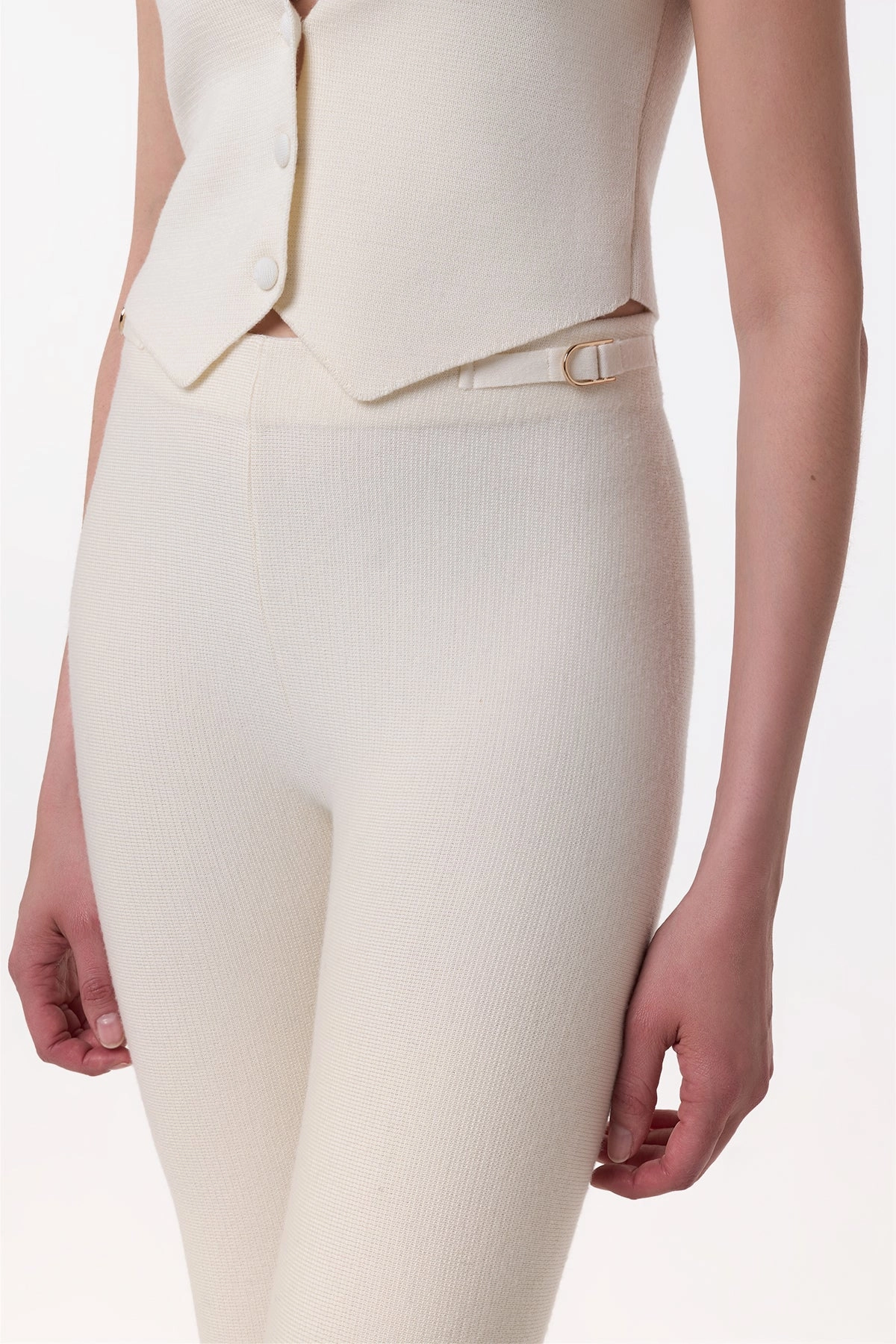 Ayala Flare Cropped Knit Pant in Ivory Merino Wool Cashmere Reinforced Hemline AntiSnag Yarn Technology