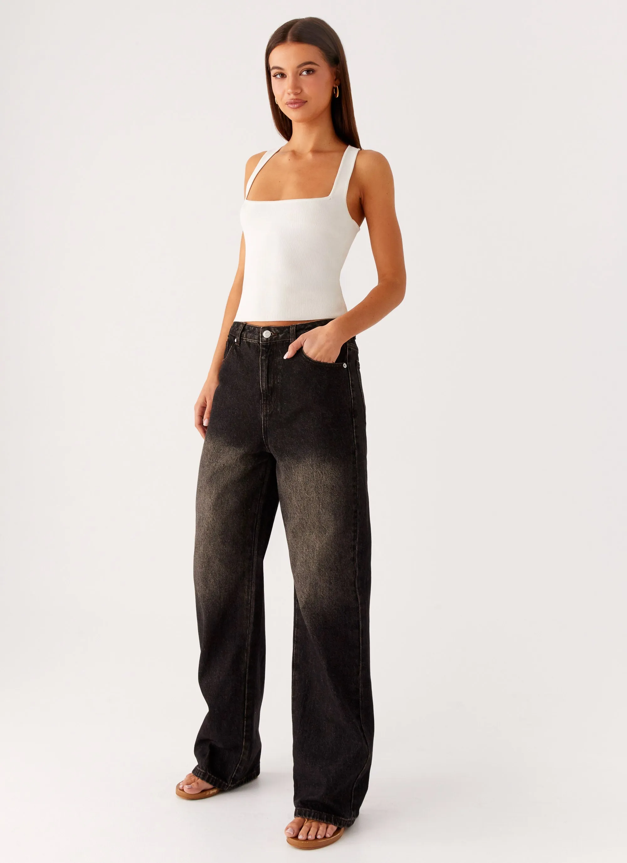 Back Again Straight Leg Denim Jeans - Acid Charcoal Contemporary Waistband Comfy Wear