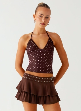 easy to transport Bahama Eyelet Lace Up Top - Chocolate Strawberry Dot