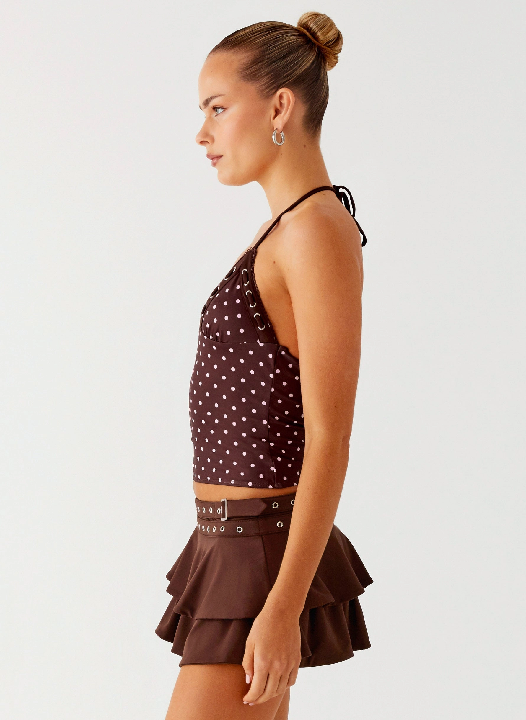Bahama Eyelet Lace Up Top - Chocolate Strawberry Dot small scale projects