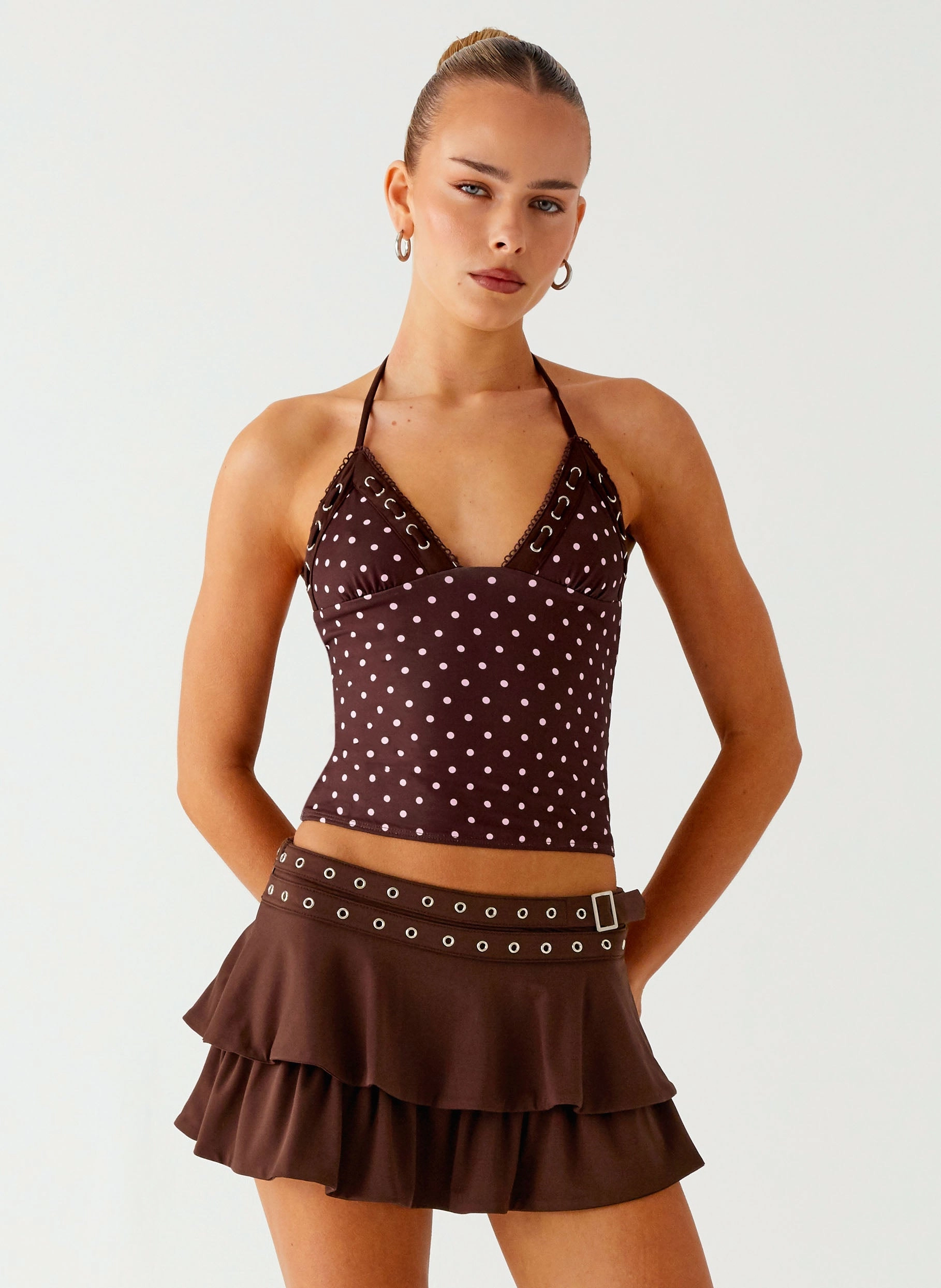 easy to transport Bahama Eyelet Lace Up Top - Chocolate Strawberry Dot