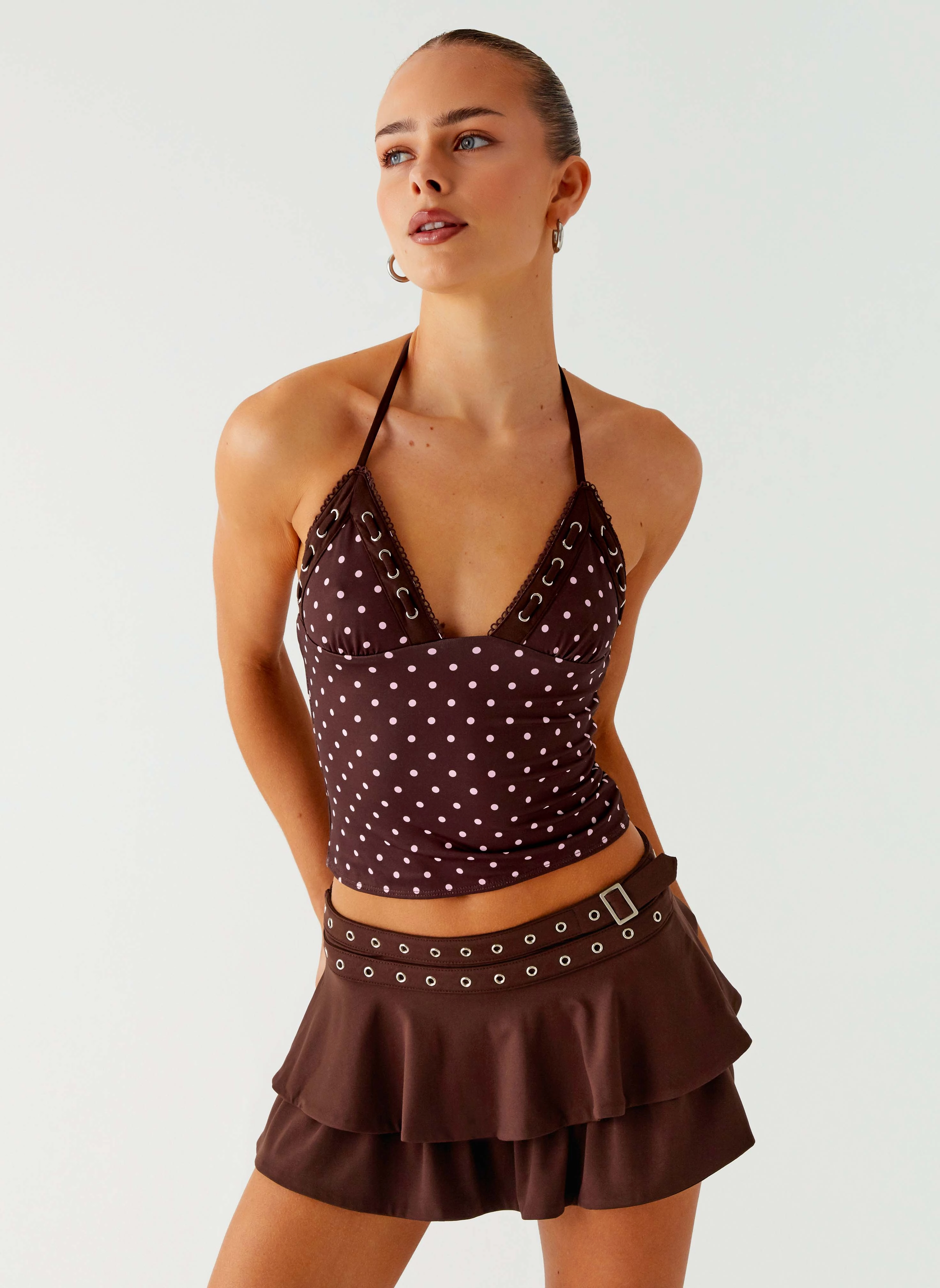 Bahama Eyelet Lace Up Top - Chocolate Strawberry Dot Stable temperature regulation