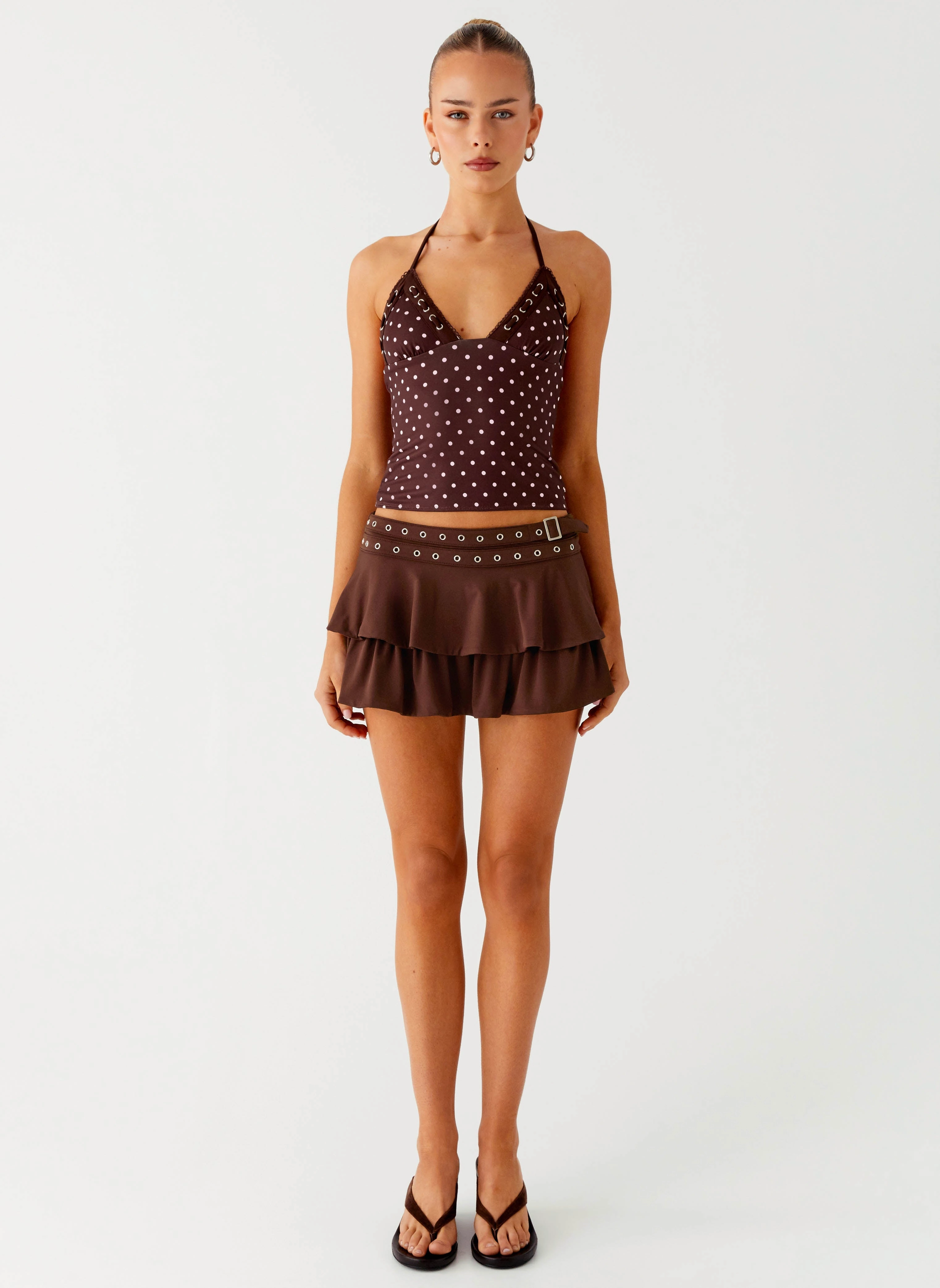 Anti Chafe Design Bahama Eyelet Lace Up Top - Chocolate Strawberry Dot