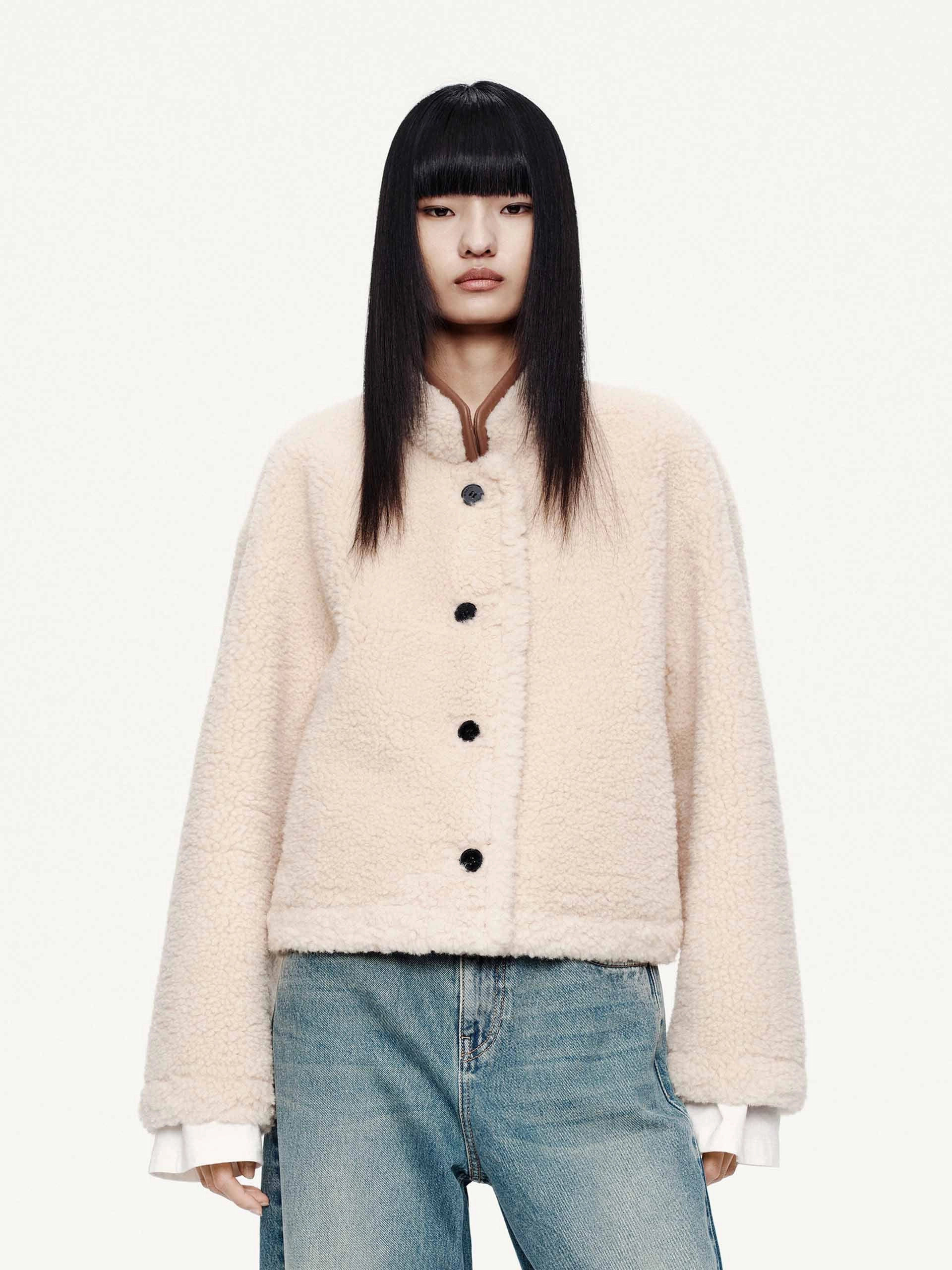 Faux Shearling Button Coat Waterproof Design Non Chafing Neckline