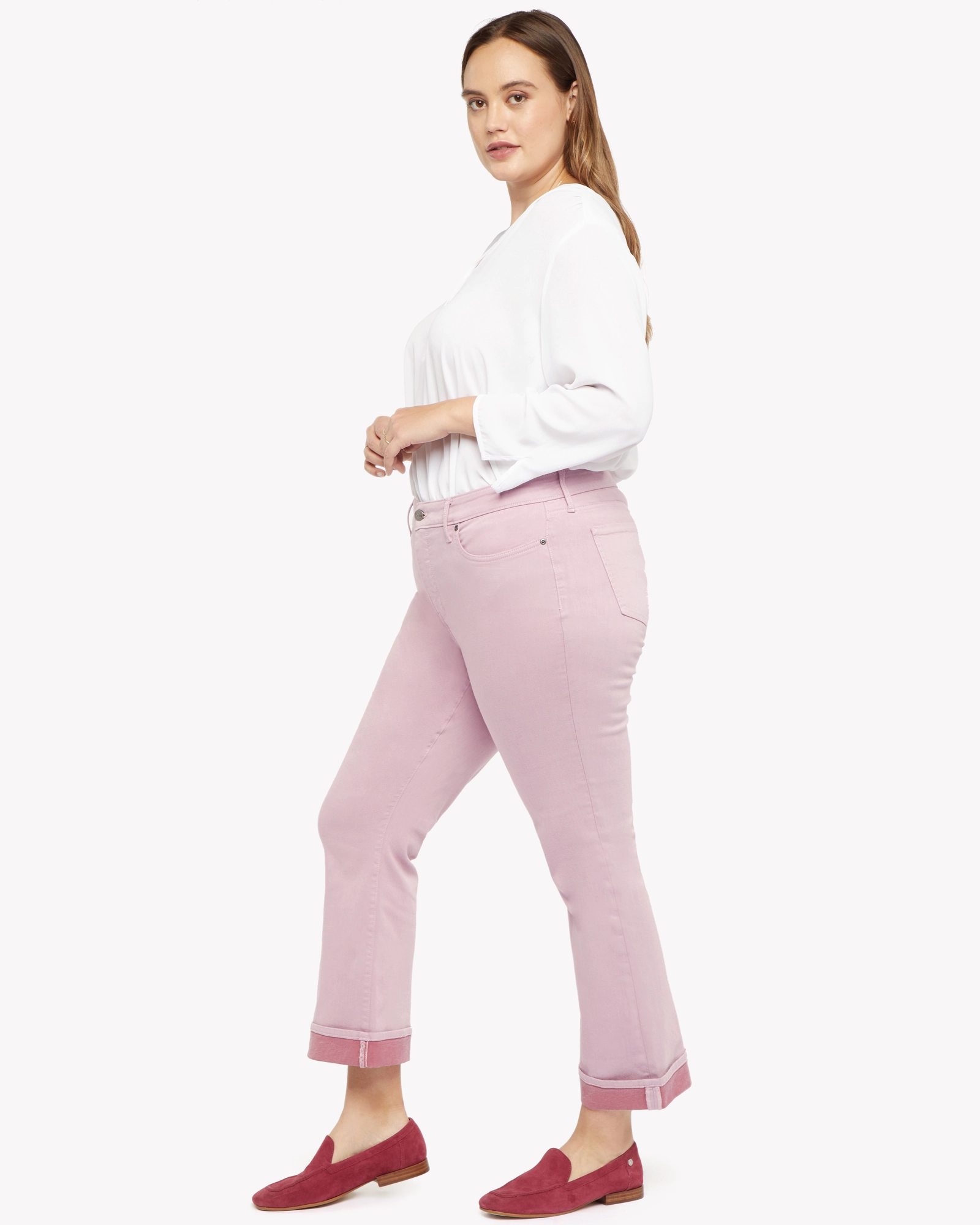 Barbara Flare Ankle Cuff Jean | Dawnpink Curved Seam Construction