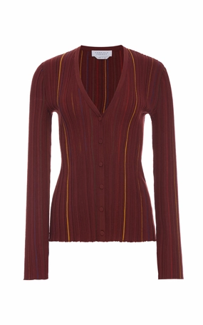 Barth Pinstripe Knit Cardigan in Burnt Sienna Merino Wool Fashion Ease Garment Washed