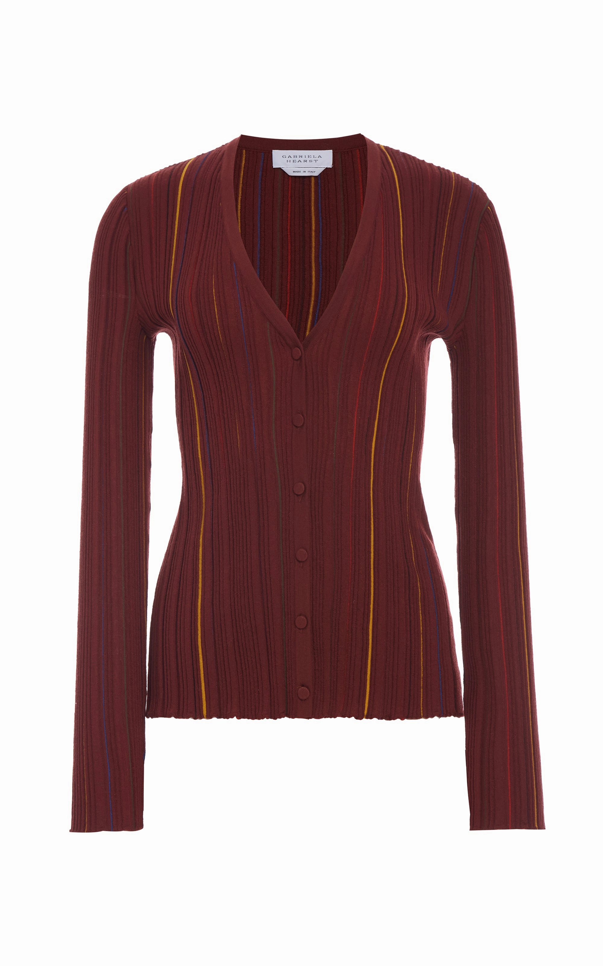Barth Pinstripe Knit Cardigan in Burnt Sienna Merino Wool Fashion Ease Garment Washed