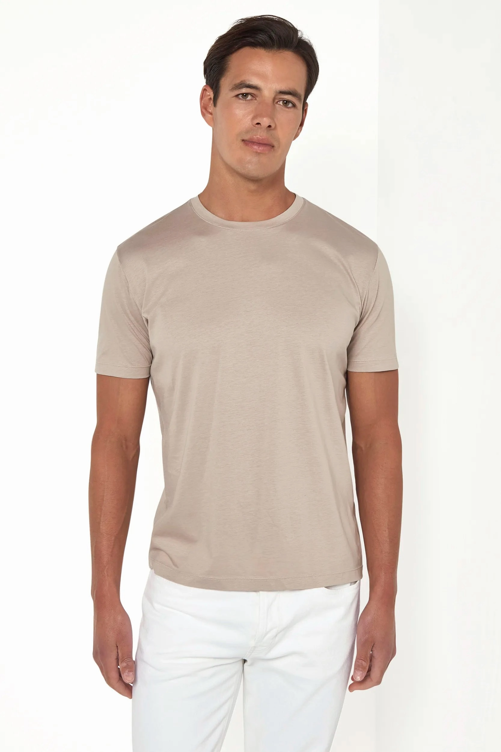 Reinforced Neckline Lightweight Design Taupe jersey t-shirt - Made in Italy