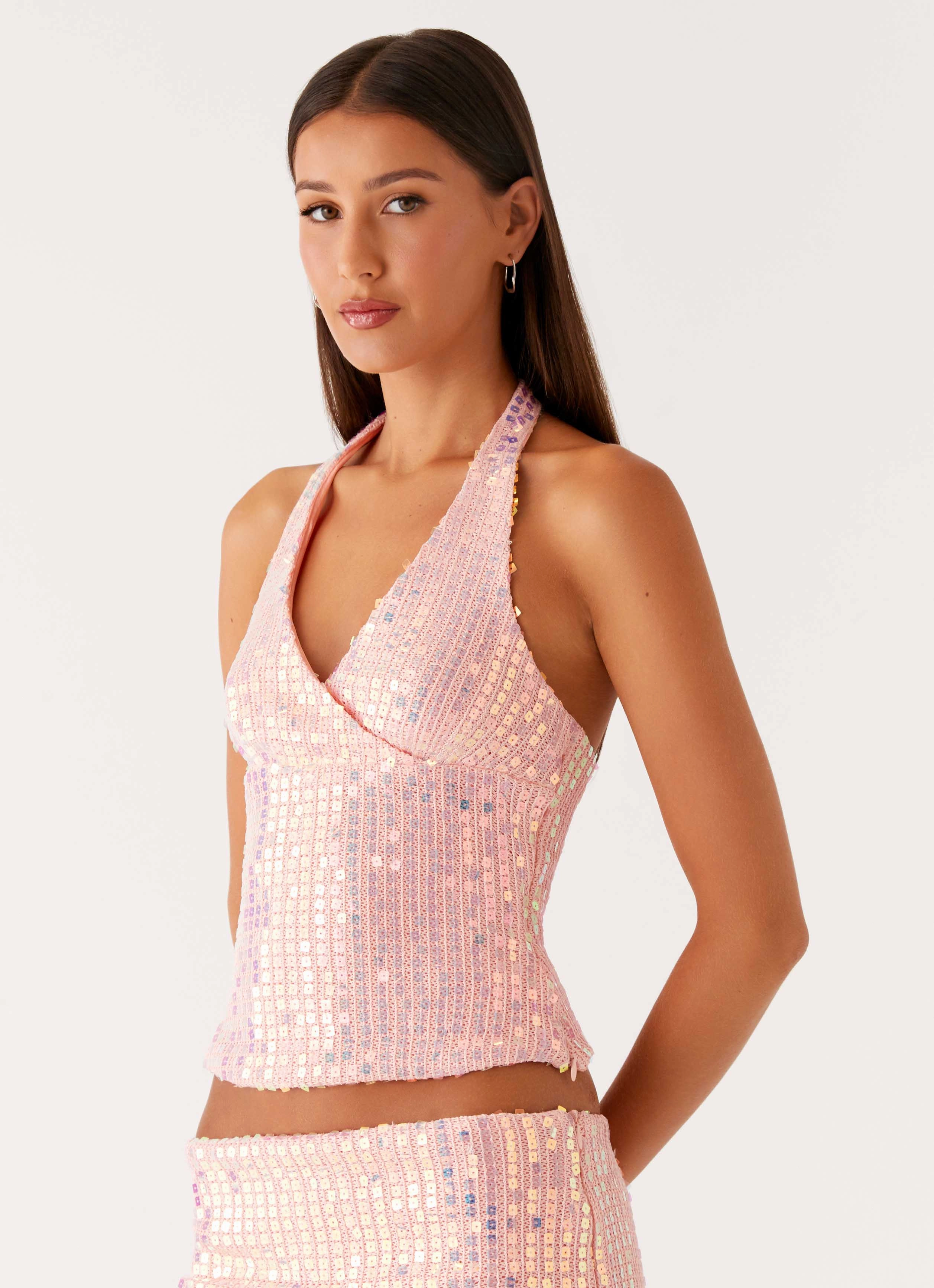 Been That Girl Halter Knit Sequin Top - Iridescent Pink NonIrritating Seams Ventilated Back Panels