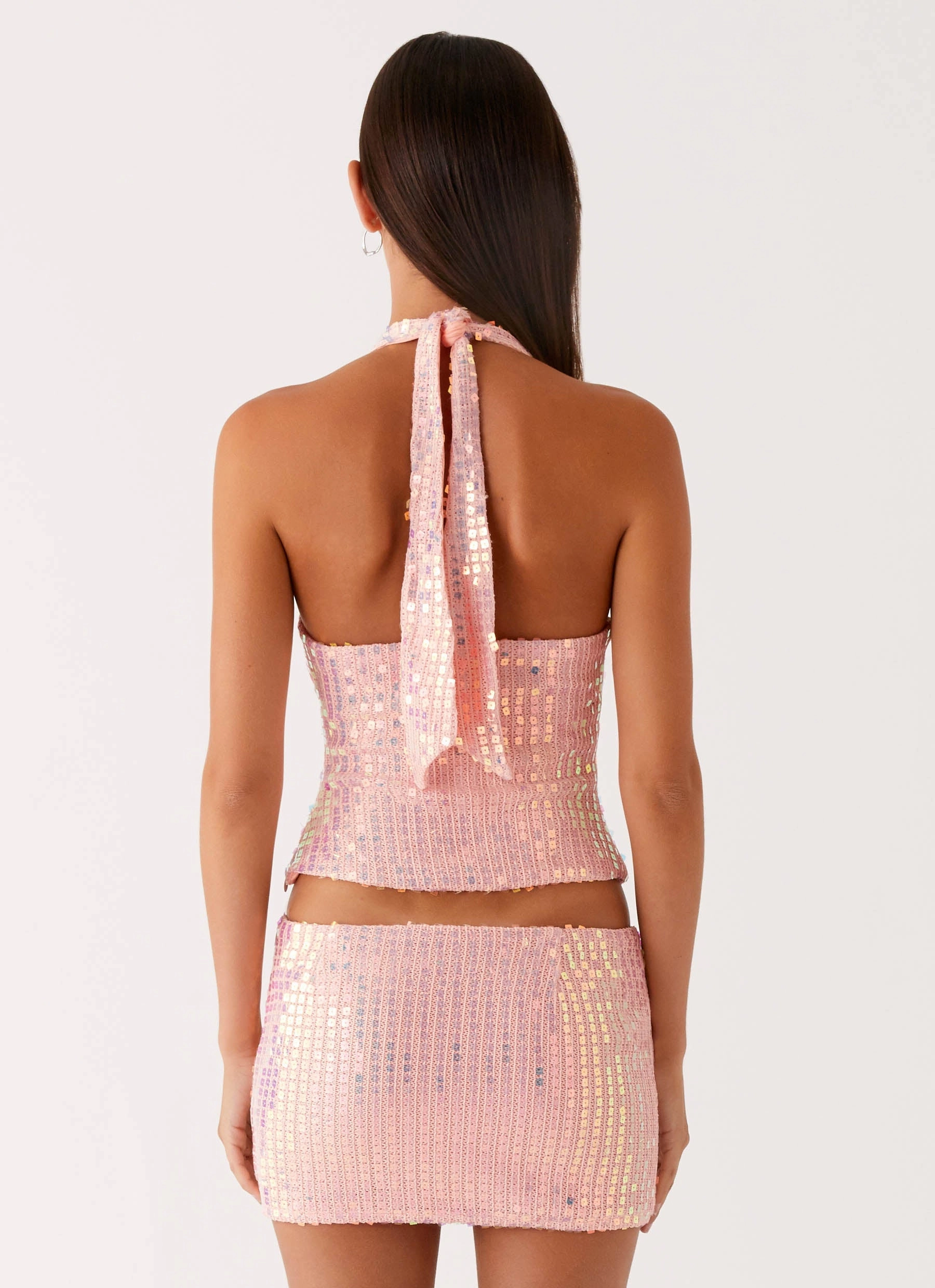 Been That Girl Halter Knit Sequin Top - Iridescent Pink Full Zip Front Closure Thermal regulation