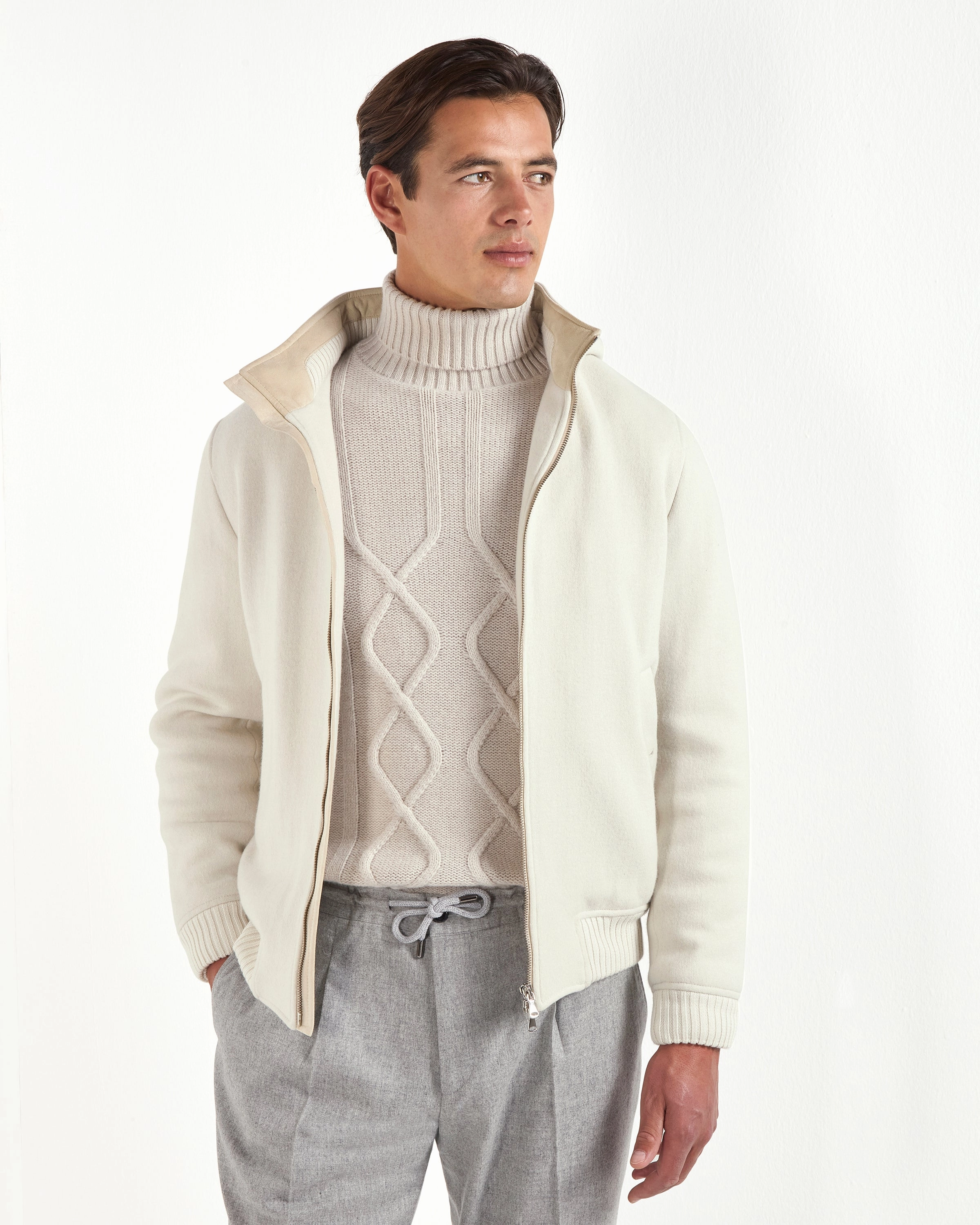 Beige jacquard patterned turtleneck ?C Made in Italy Breathable Yarn Four Way Stretch Design