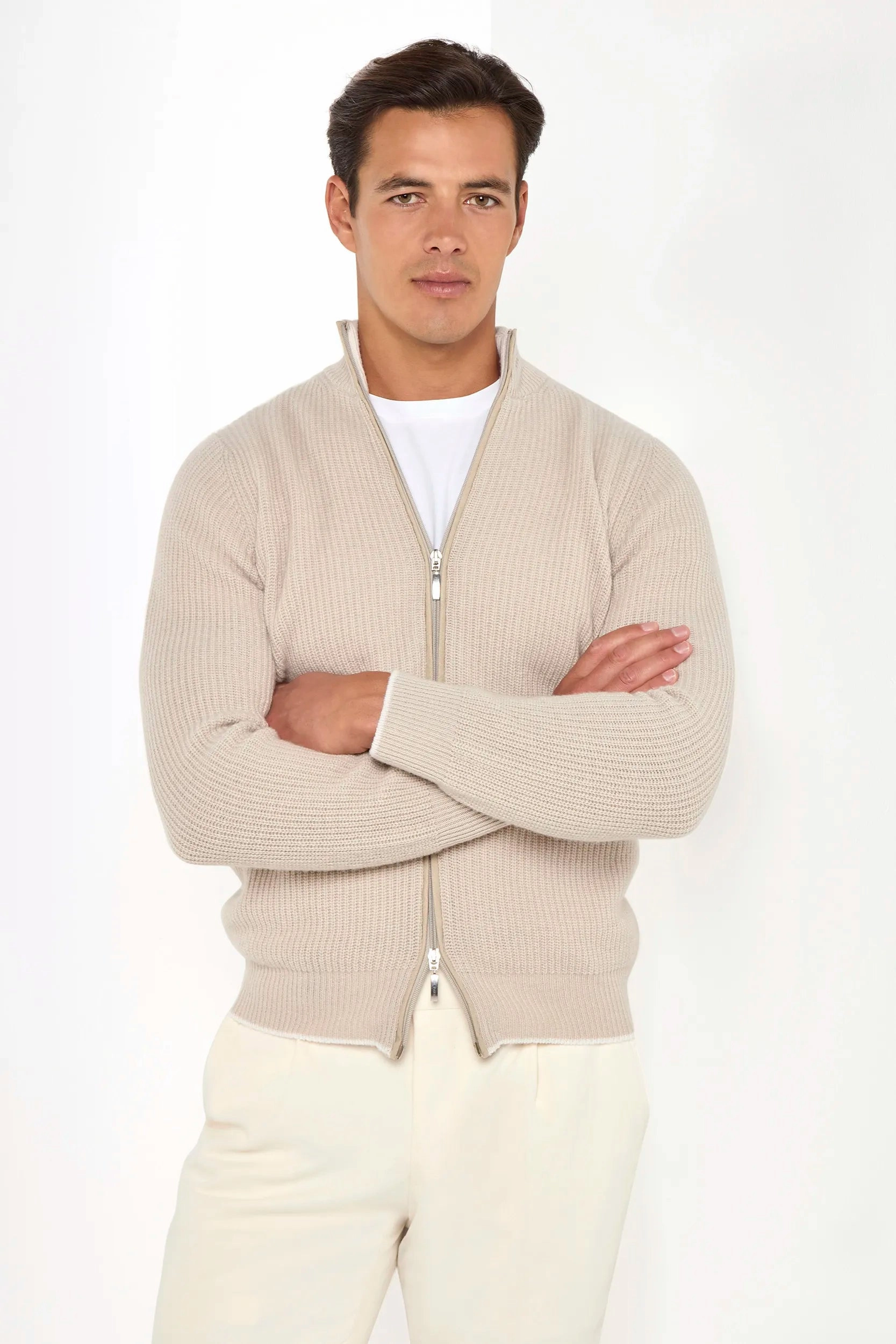 Work Day Breathable Material Beige ribbed cashmere blend full zip ?C Made in Italy