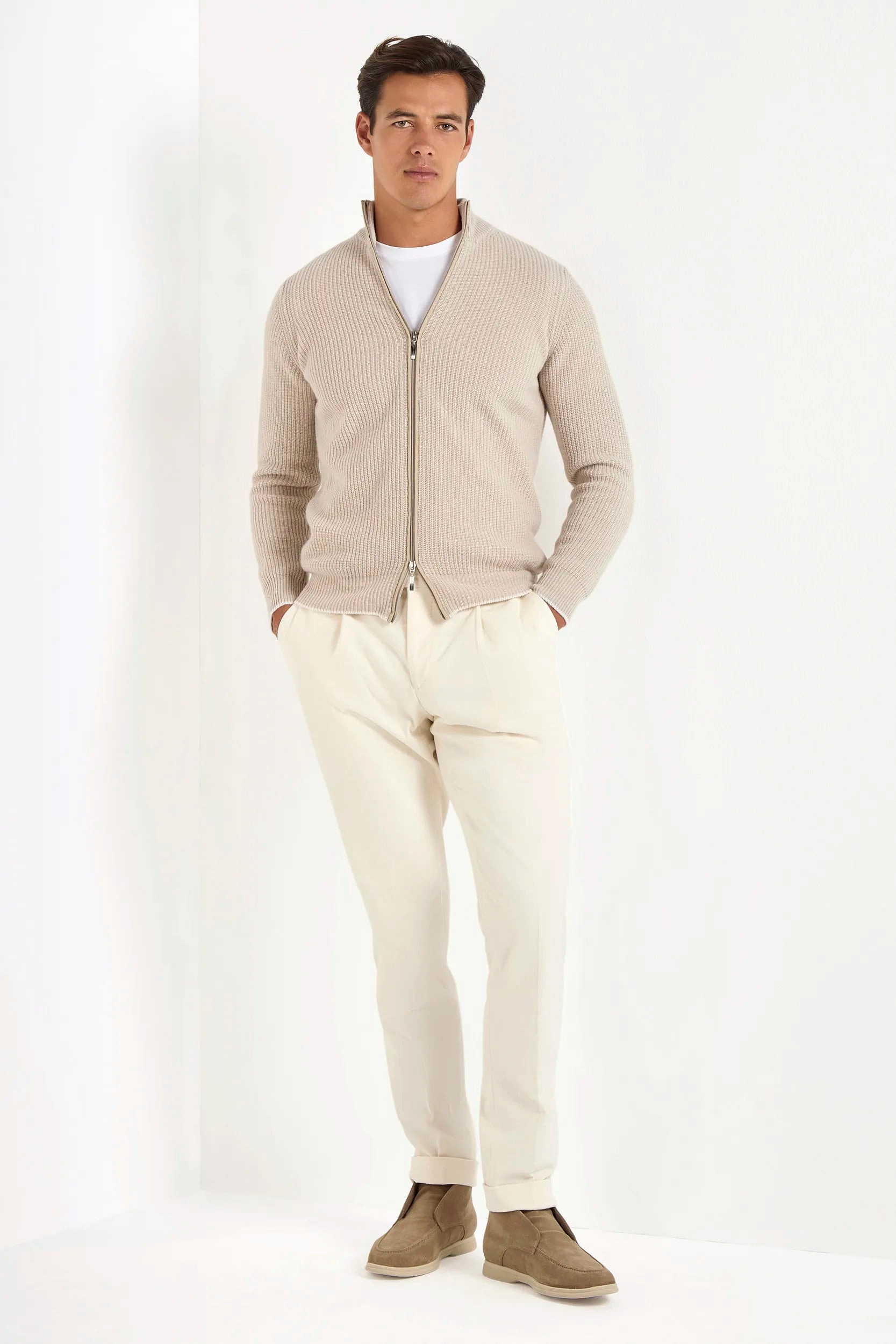 Beige ribbed cashmere blend full zip ?C Made in Italy WaffleKnit Texture Elastic hem