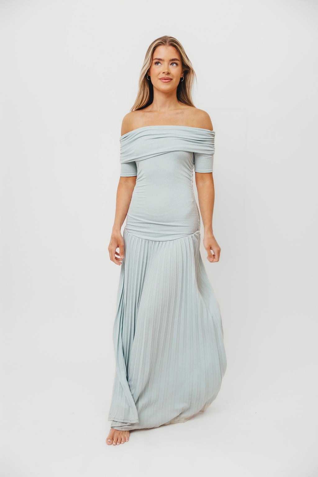 The Lennox Maxi Dress in Dusty Blue Sleek Layer Night Out