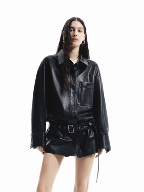 Water Repellent Coating Belt Long Leather Coat