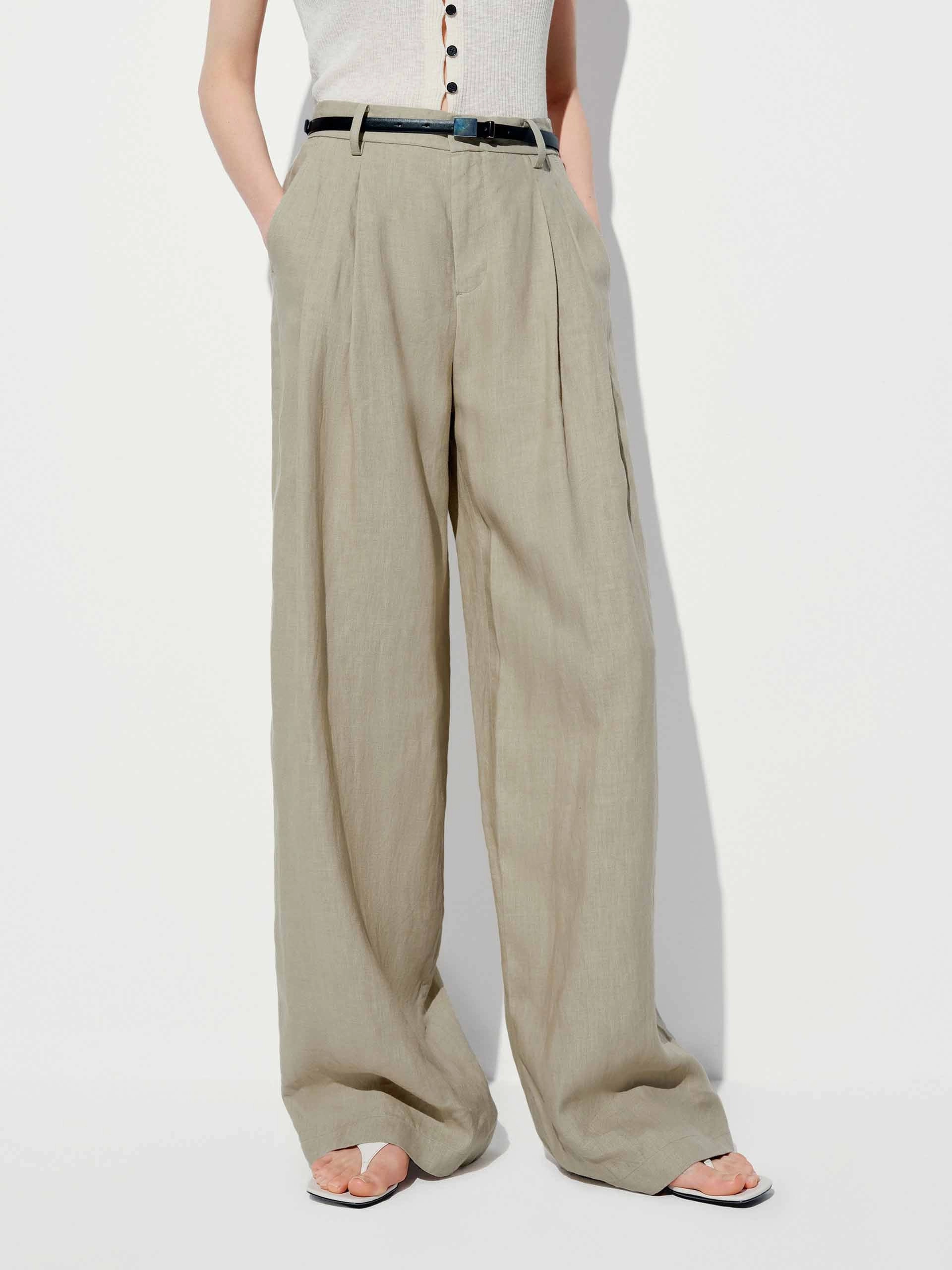 Breathable Wearable Secure Waistband Belted Linen Straight Pants