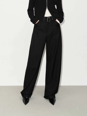 Elastic waist Belted Wool Blend Pants