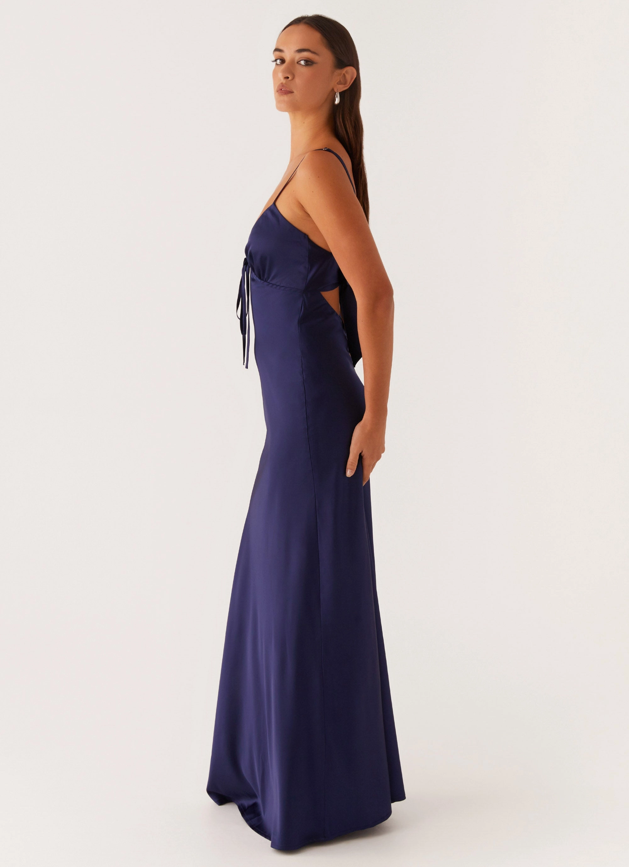 Flora Satin Maxi Dress - Navy Subtle Lines Easy Vibe