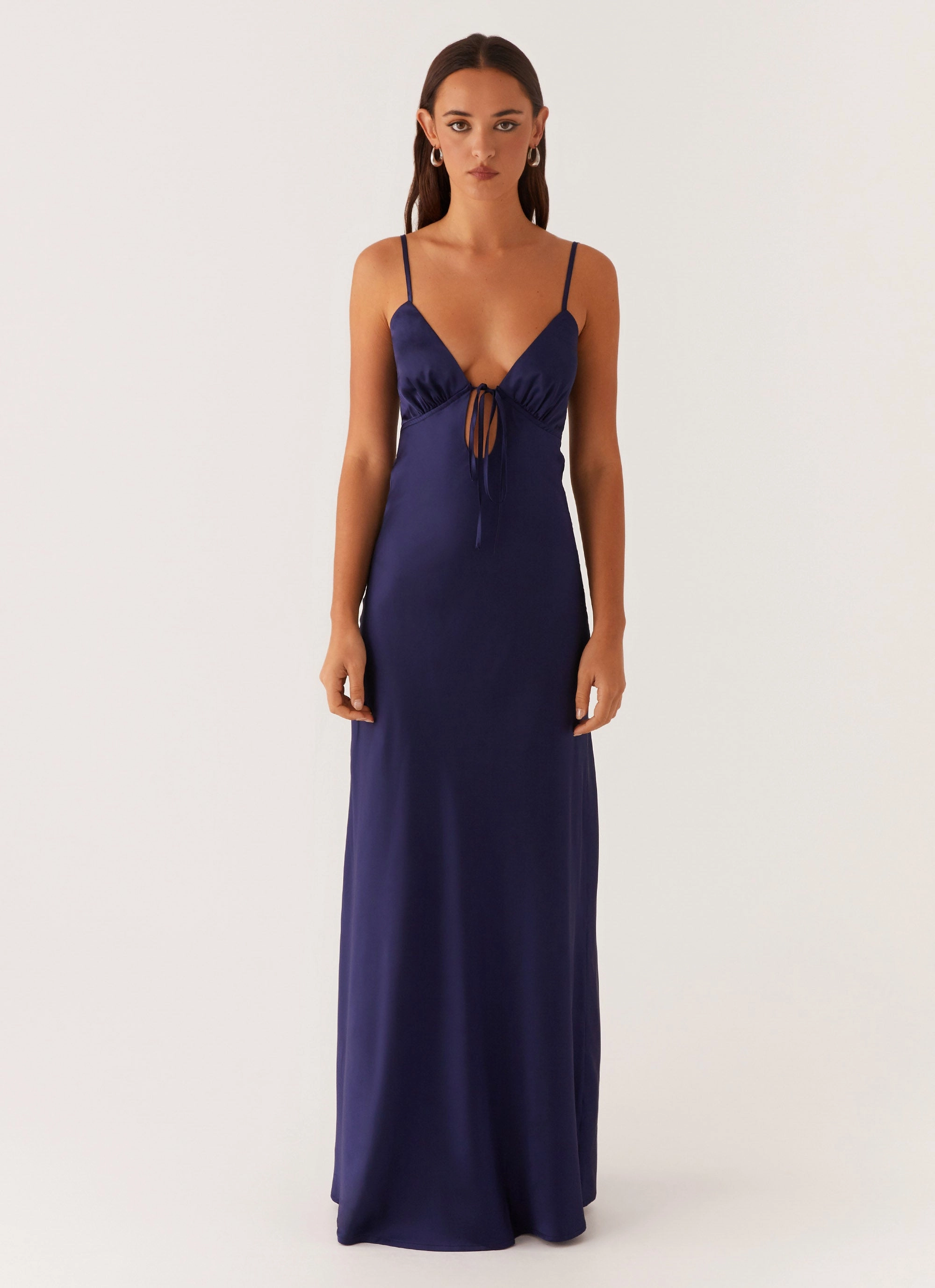 A Line Cut Flora Satin Maxi Dress - Navy