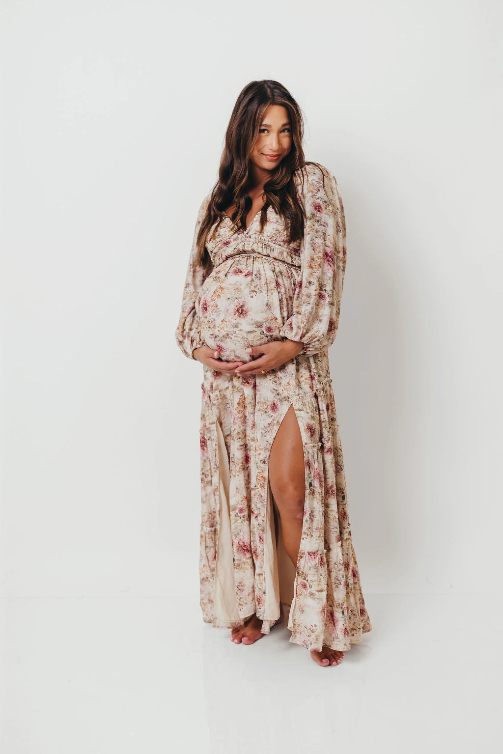 Daphne Long Sleeve Maxi Dress in Pink/Beige Multi Floral - Bump Friendly *9/30 PRE-ORDER* Night Style