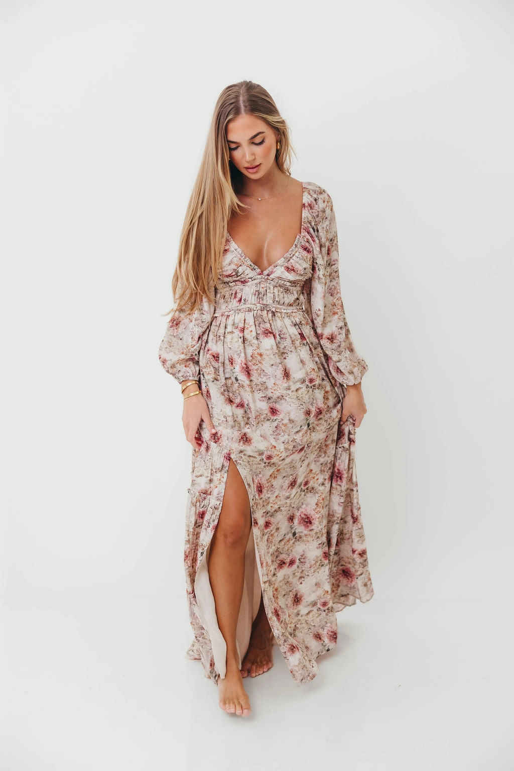 Daphne Long Sleeve Maxi Dress in Pink/Beige Multi Floral - Bump Friendly *9/30 PRE-ORDER* Bright Mood Airy Base