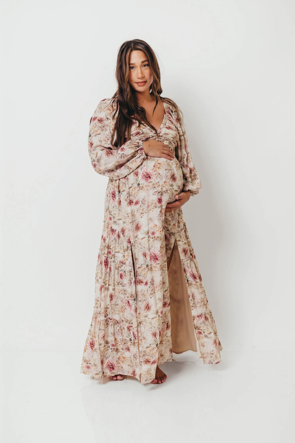 Stylish and Simple Daphne Long Sleeve Maxi Dress in Pink/Beige Multi Floral - Bump Friendly *9/30 PRE-ORDER*
