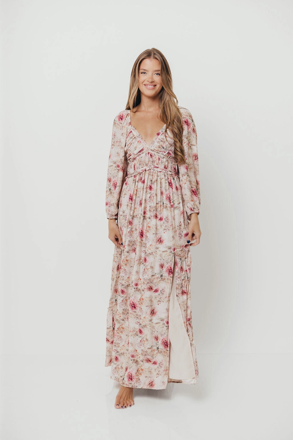 Daphne Long Sleeve Maxi Dress in Pink/Beige Multi Floral - Bump Friendly *9/30 PRE-ORDER* Soft Pleats
