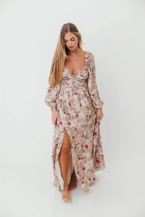 Daphne Long Sleeve Maxi Dress in Pink/Beige Multi Floral - Bump Friendly *9/30 PRE-ORDER* Bright Mood Airy Base