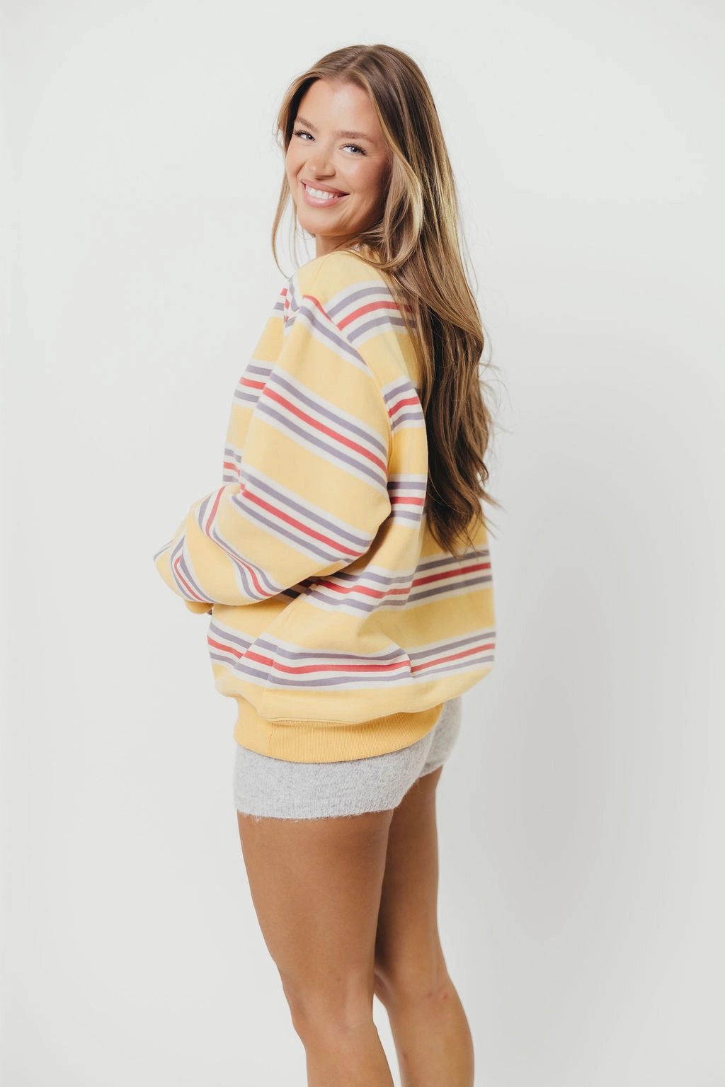 Blake Retro Striped Crewneck Sweatshirt in Mustard Comfy Knit Look Comfort Piece