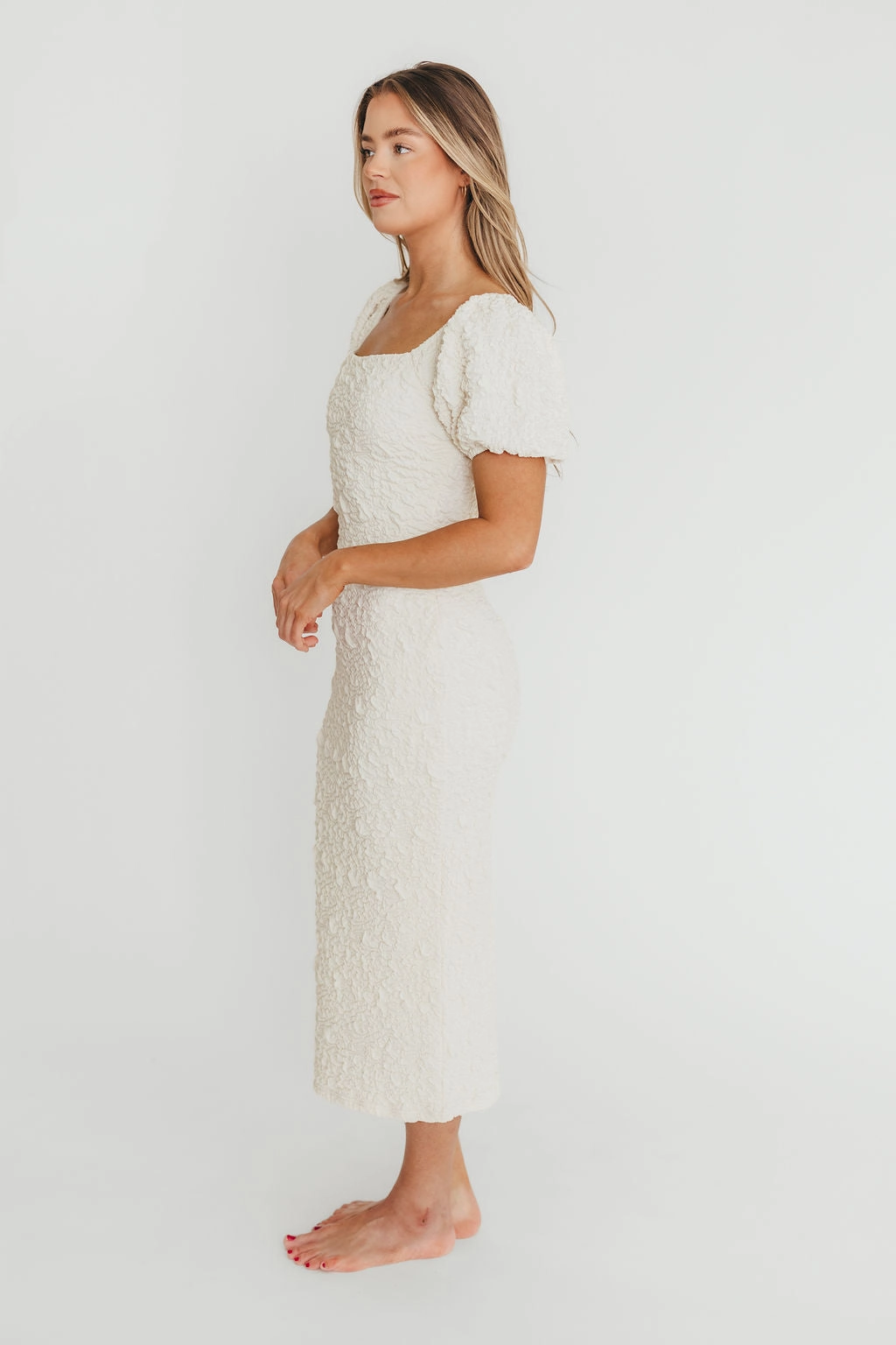 All-Season Comfort Gentle Glow Blakeley Textured Midi Dress in Ivory - Bump Friendly & Inclusive Sizing (S-3XL)