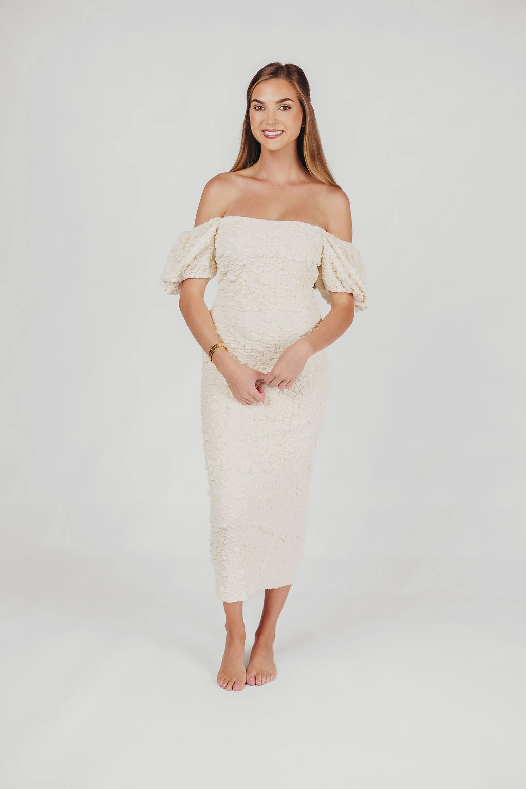 Compact Fit Minimalist Elegance Blakeley Textured Midi Dress in Ivory - Bump Friendly & Inclusive Sizing (S-3XL)
